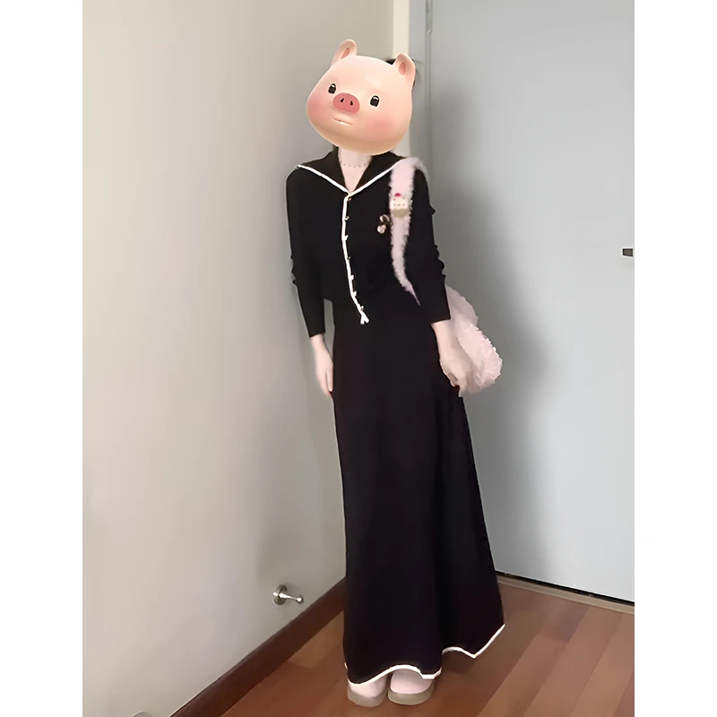 2025秋季新款女温柔风撞色翻领百搭针织上衣高腰显瘦中长款半身裙