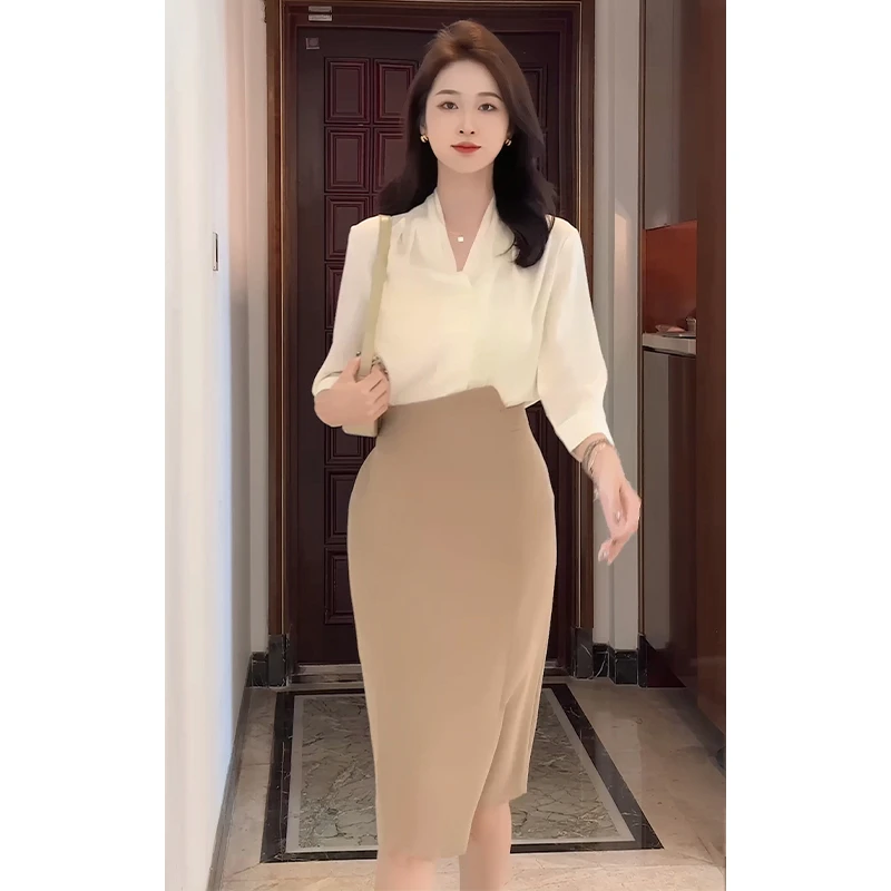 A323#秋季新款轻奢风通勤V领缎面衬衫上衣气质高腰包臀开叉半身裙