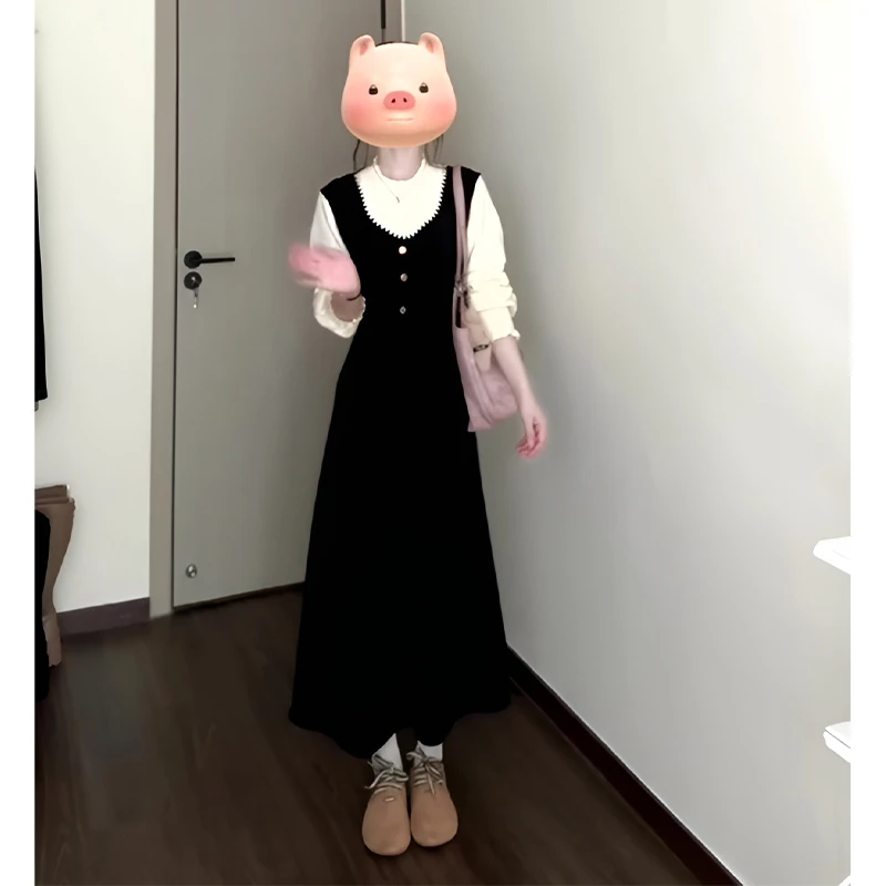 2025秋季新款女法式高级感收腰显瘦减龄设计感假两件针织连衣裙