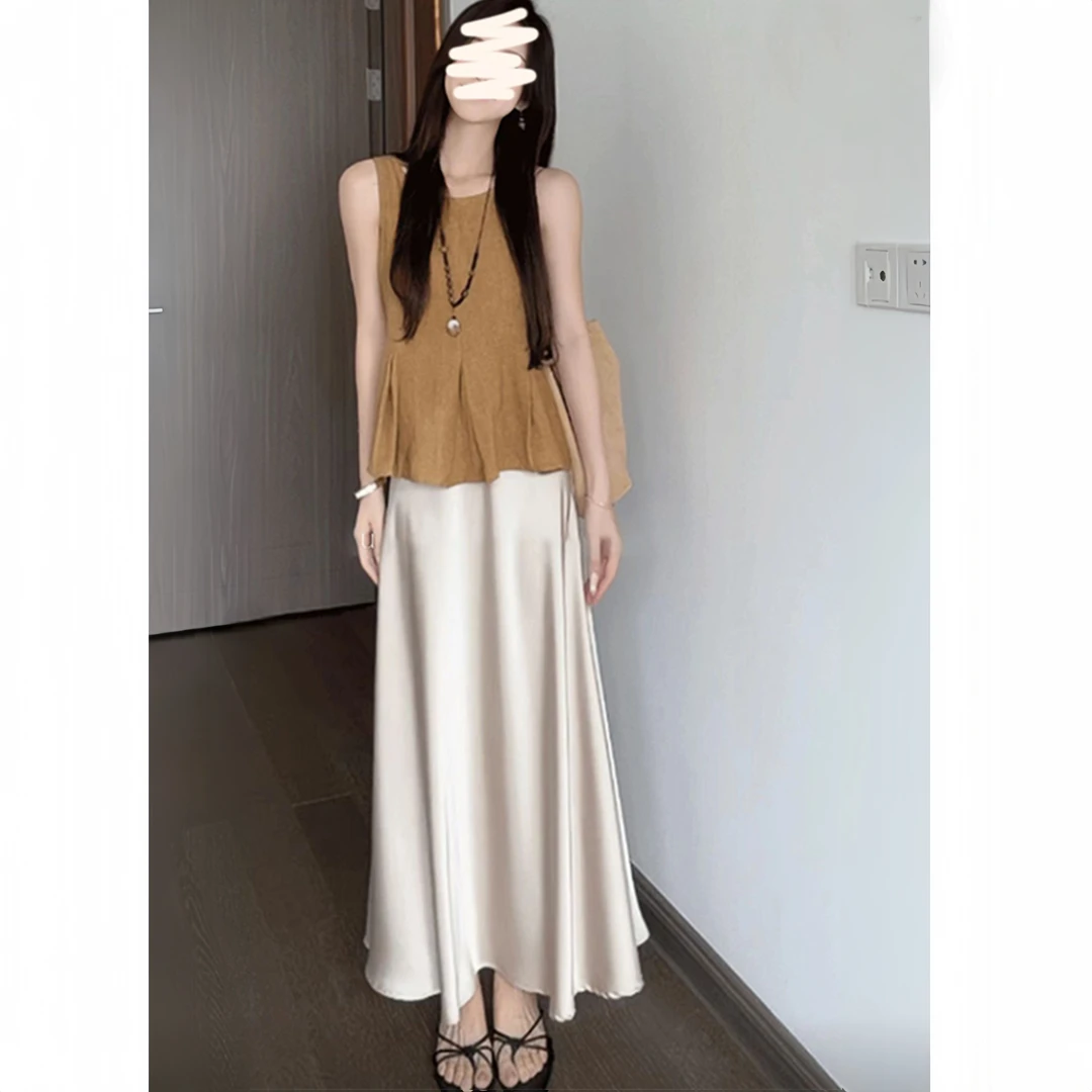 A357#夏季温柔风褶皱收腰无袖背心上衣气质高腰缎面半身中长裙