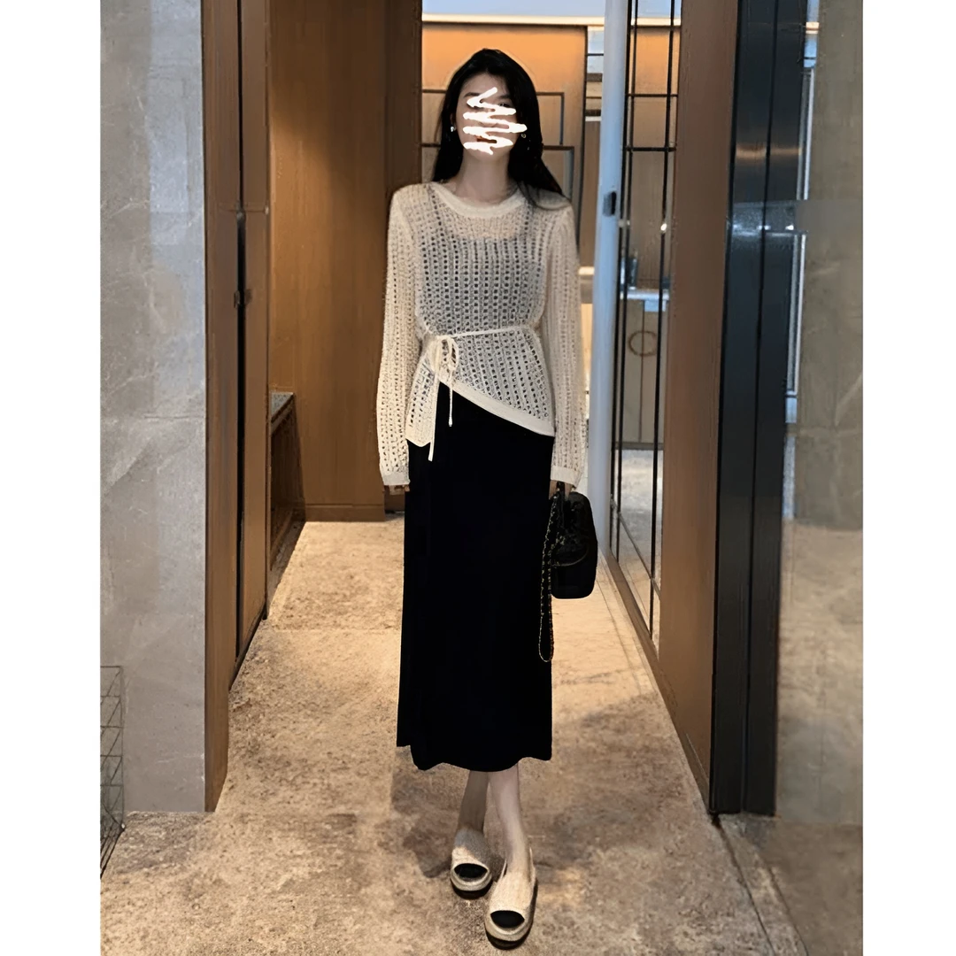 2025春季新款温柔风不规则系带镂空针织上衣慵懒风气质吊带连衣裙