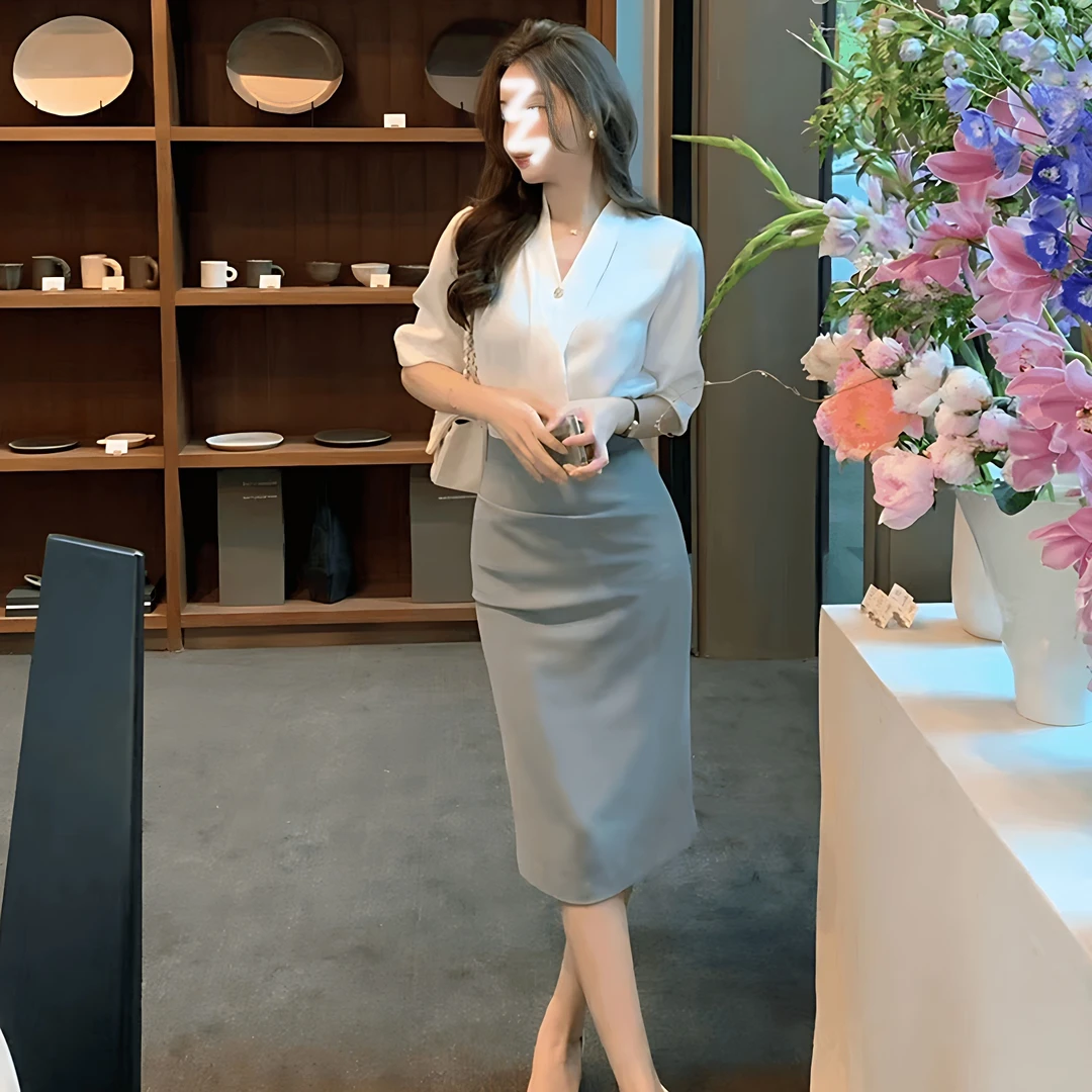 2025夏季新款轻熟风V领宽松缎面衬衫上衣气质高腰显瘦包臀半身裙