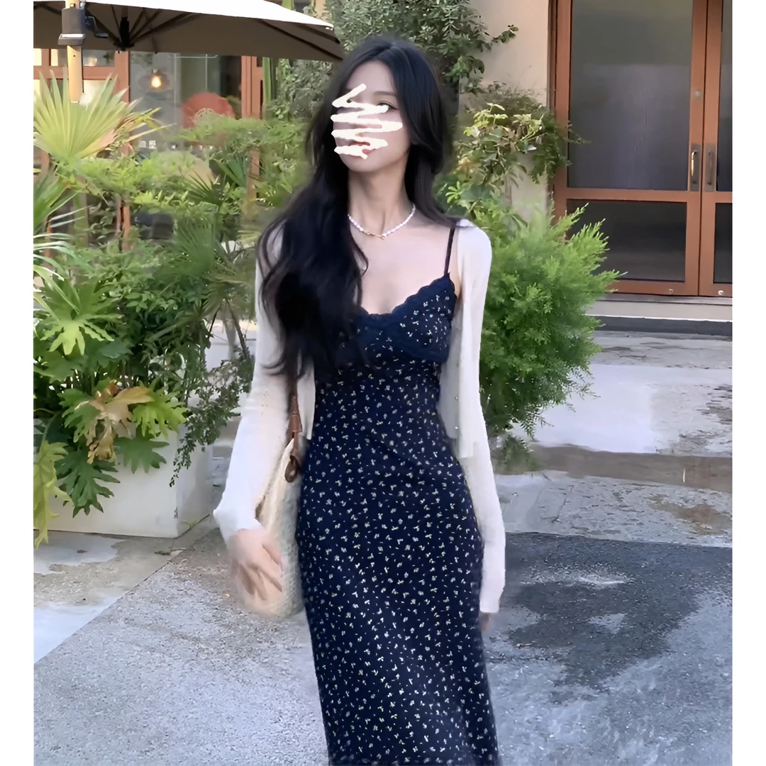 A660#秋季新款温柔风短款针织开衫法式气质V领碎花收腰吊带连衣裙