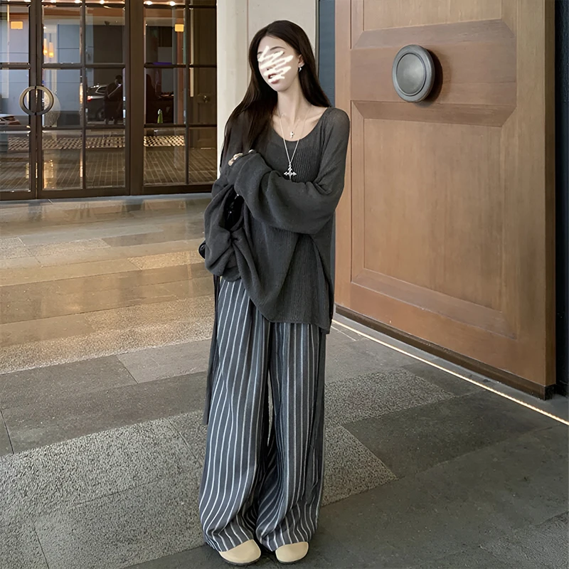 A631#秋季新款慵懒风灰色宽松针织毛衣设计感高腰条纹阔腿拖地裤