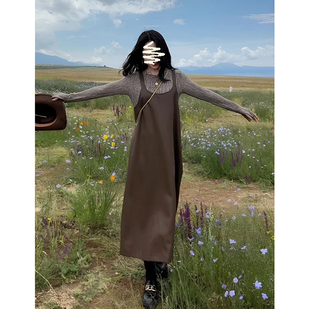 A668#秋季美拉德圆领修身内搭长袖上衣高级感宽松显瘦背带皮裙