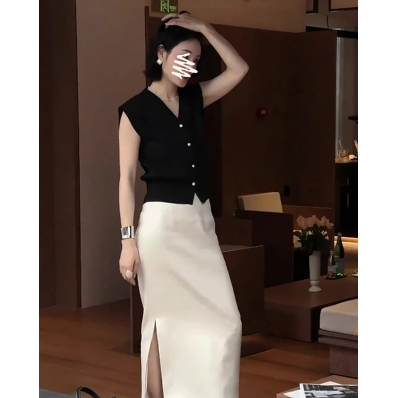 2024夏季新款轻熟风短款V领修身针织上衣气质高腰缎面开叉半身裙