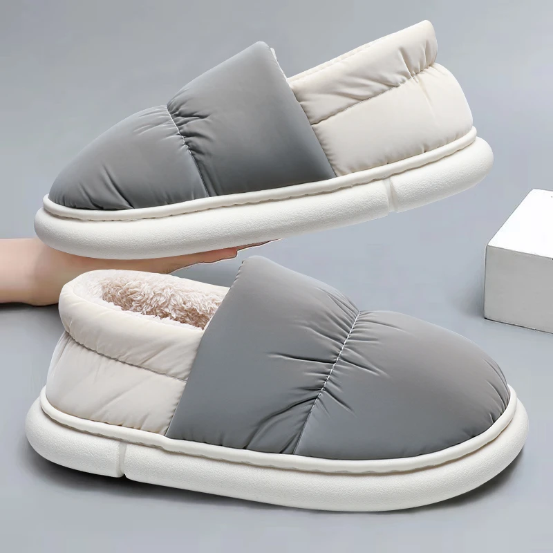 酷如意 羽绒布防水棉拖鞋女情侣家居室内厚底加绒保暖棉鞋男北方