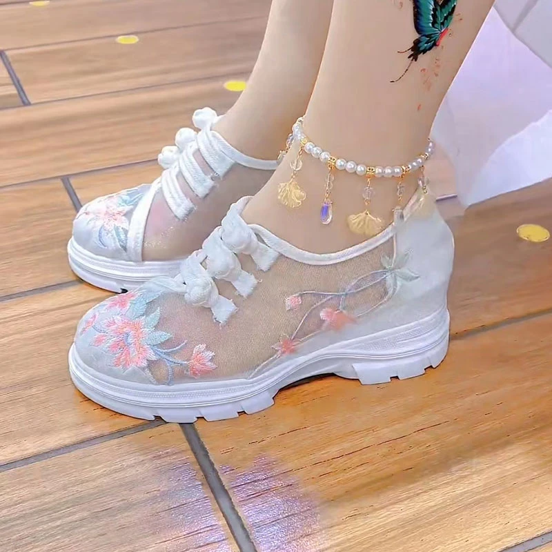 2025新款夏季网纱汉服绣花鞋内增高休闲民族风旗袍百搭汉服鞋