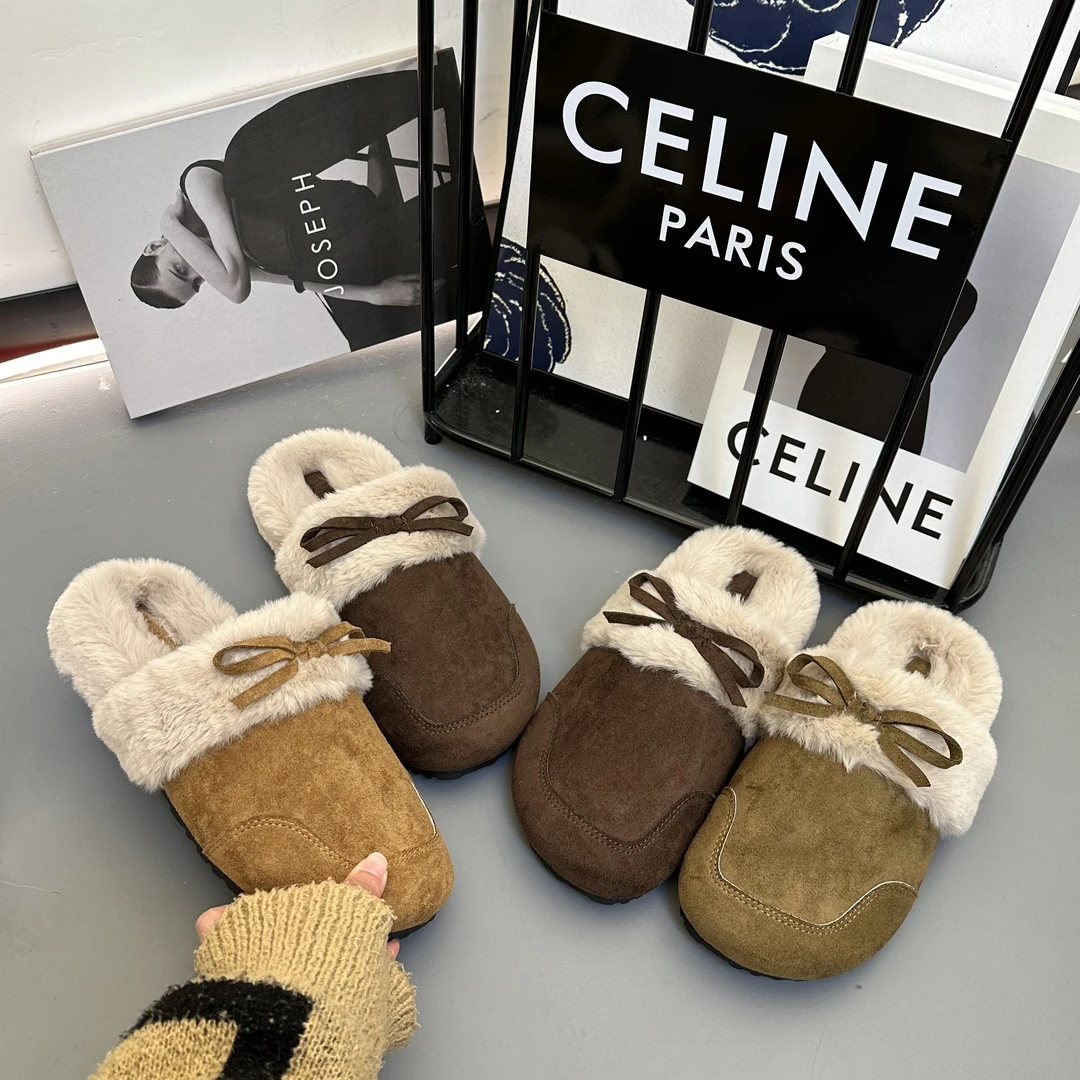 2024年冬季新款时尚轻奢百搭洋气蝴蝶结爆款半包厚底保暖女包头拖