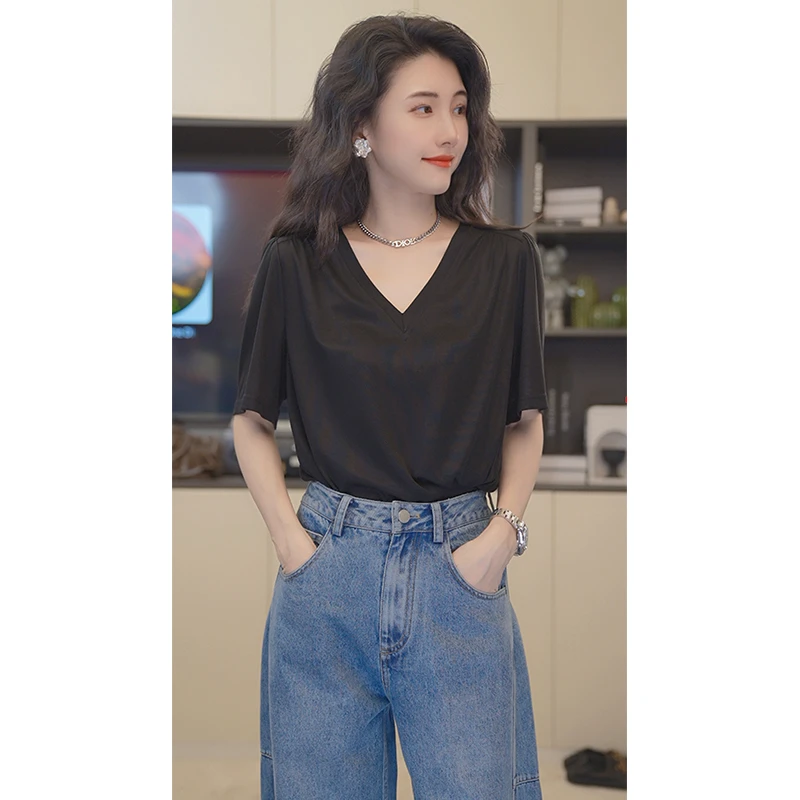 【小乖逃】现货V领灰紫色T恤短袖柔软简约休闲240427