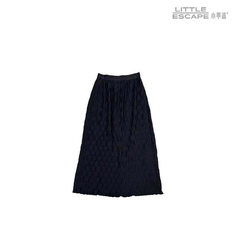 小乖逃D黑色半身裙压褶半裙时尚黑色半裙长裙潮流百搭显瘦240406