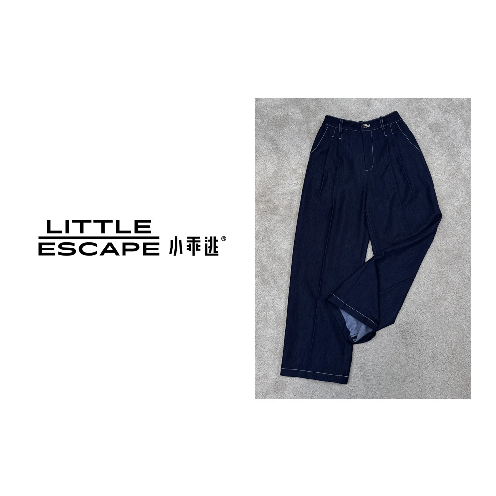 高档藏蓝长裤直筒休闲百搭阔腿裤高腰垂坠感明线饰休闲裤371长裤