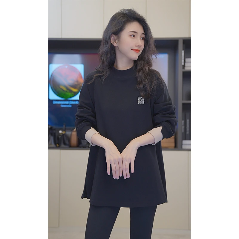 新款设计师加绒黑色卫衣胸前贴打底宽松罗家圆领运动6050