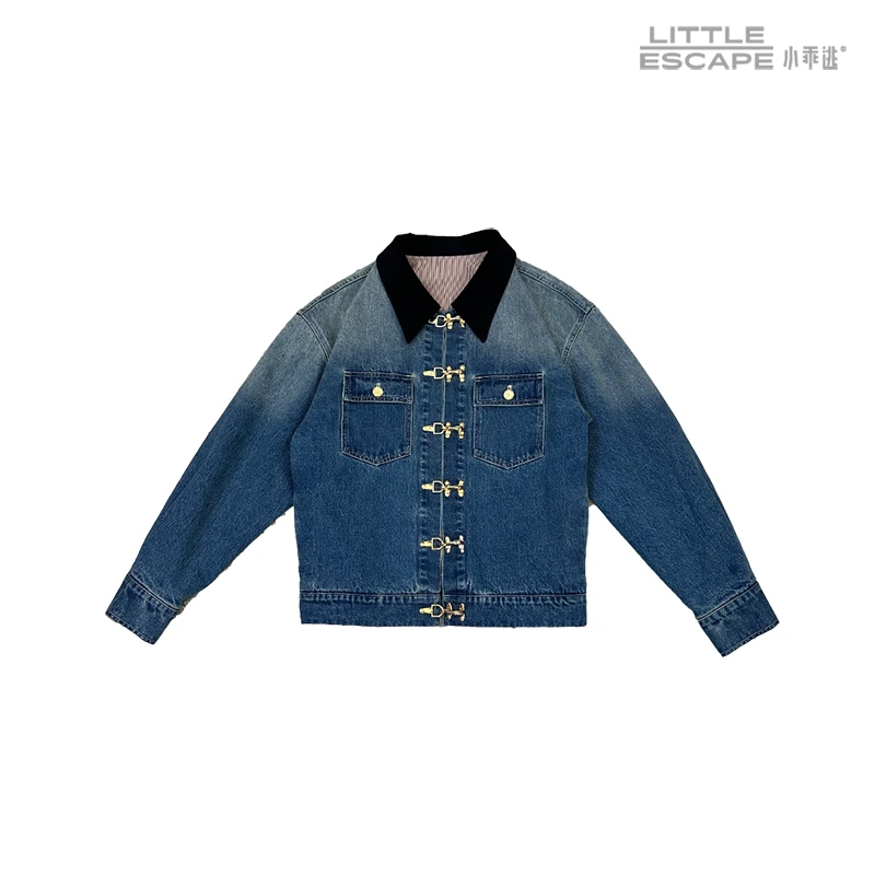 小乖逃D设计师高级蓝色外套蓝牛仔百搭潮流渐变轻奢衬衫短款9115