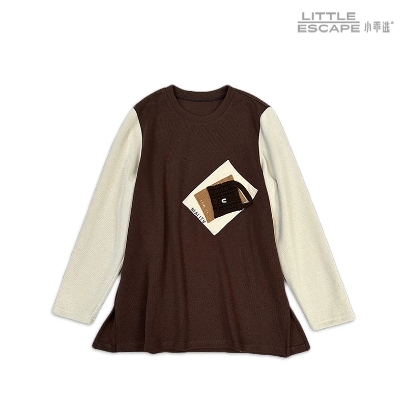 新款时尚风咖色卫衣U型章仔撞色袖拼接拼色长袖休闲88276