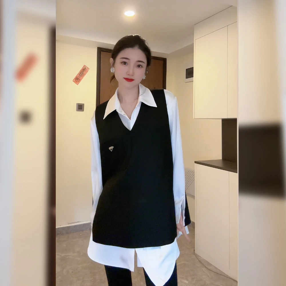 拉达马甲 V领前短后长马夹宽松百搭小众慵懒风减龄气质网红221235