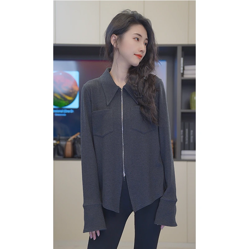 设计师休闲款灰色外套时尚简约尖上下百搭秋冬翻领女士88198