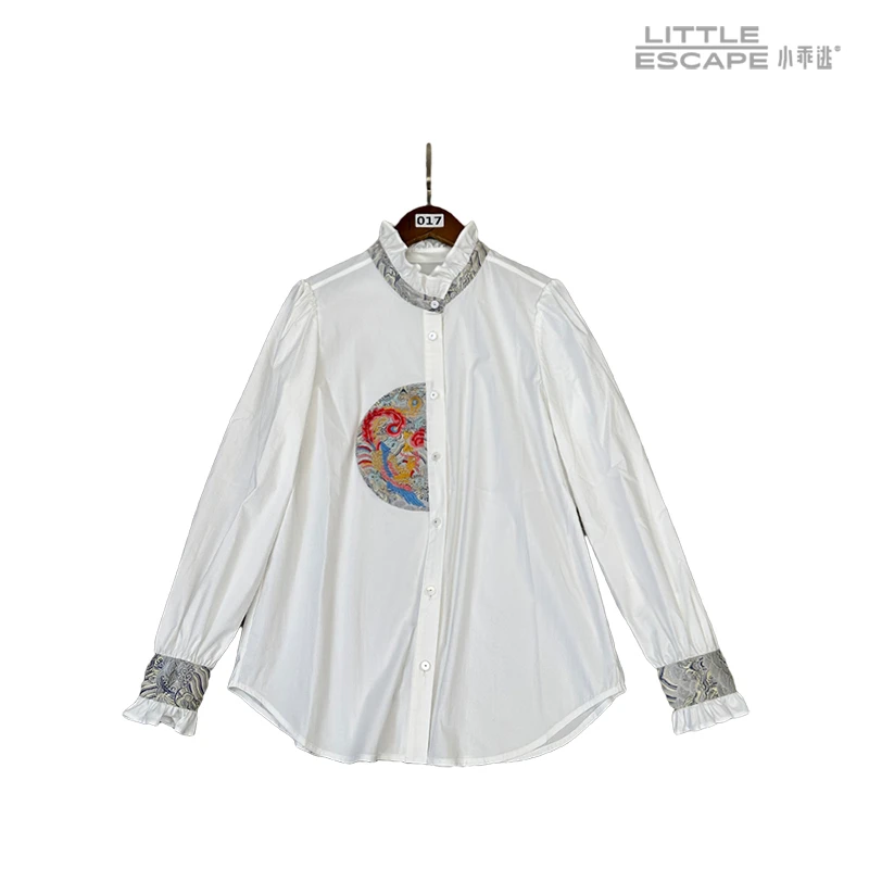 小乖逃D新款设计师白色衬衫国风凤凰宽松长袖百搭6239