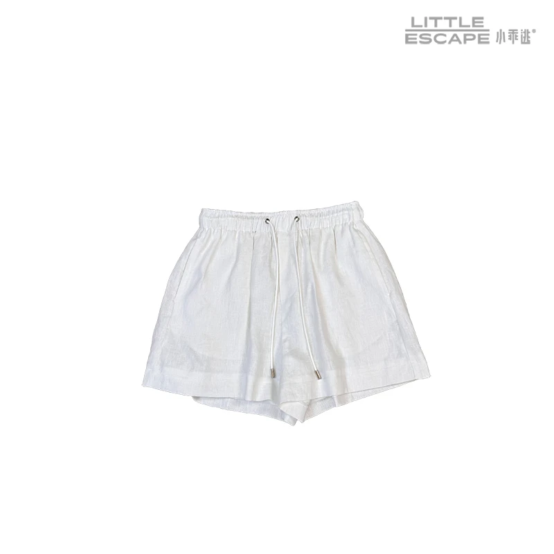 小乖逃现货休闲亚麻白色短裤宽松高腰花边设计女士百搭240355