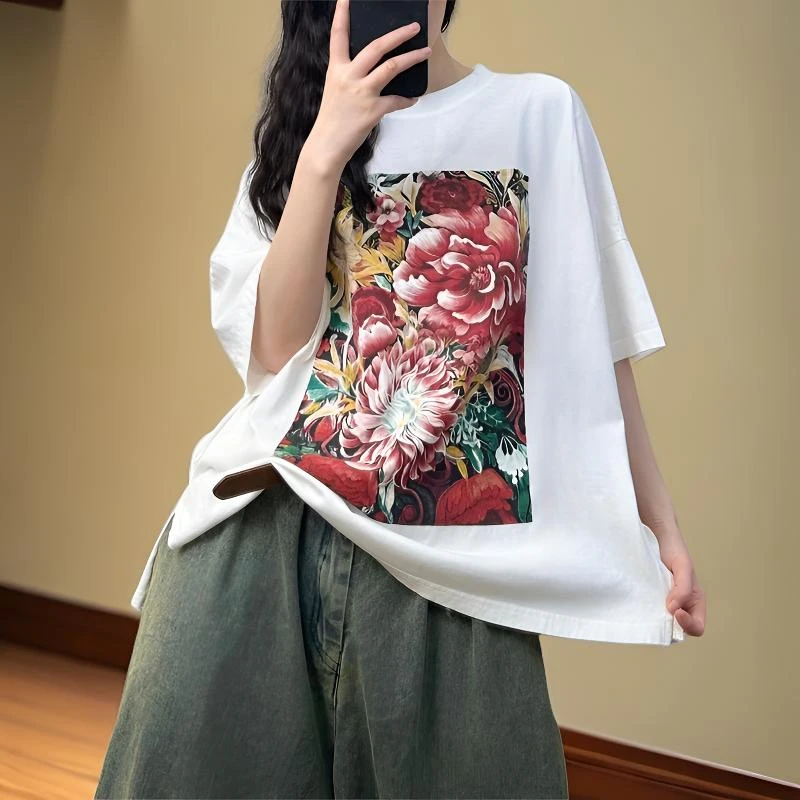 欧货爆款印花短袖T恤女夏季新款宽松休闲时尚百搭开叉体恤上衣潮