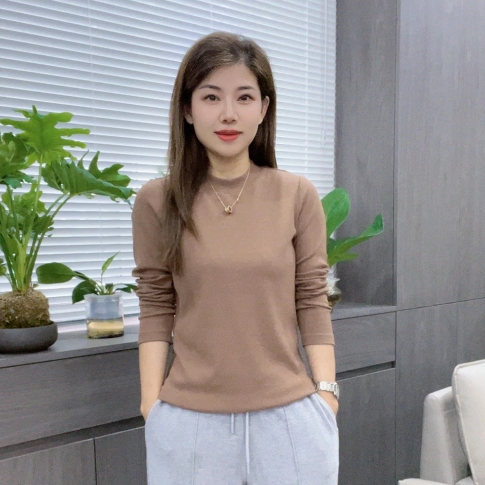 怡特美春季圆领小立领罗纹长袖纯色套头百搭打底衫22815