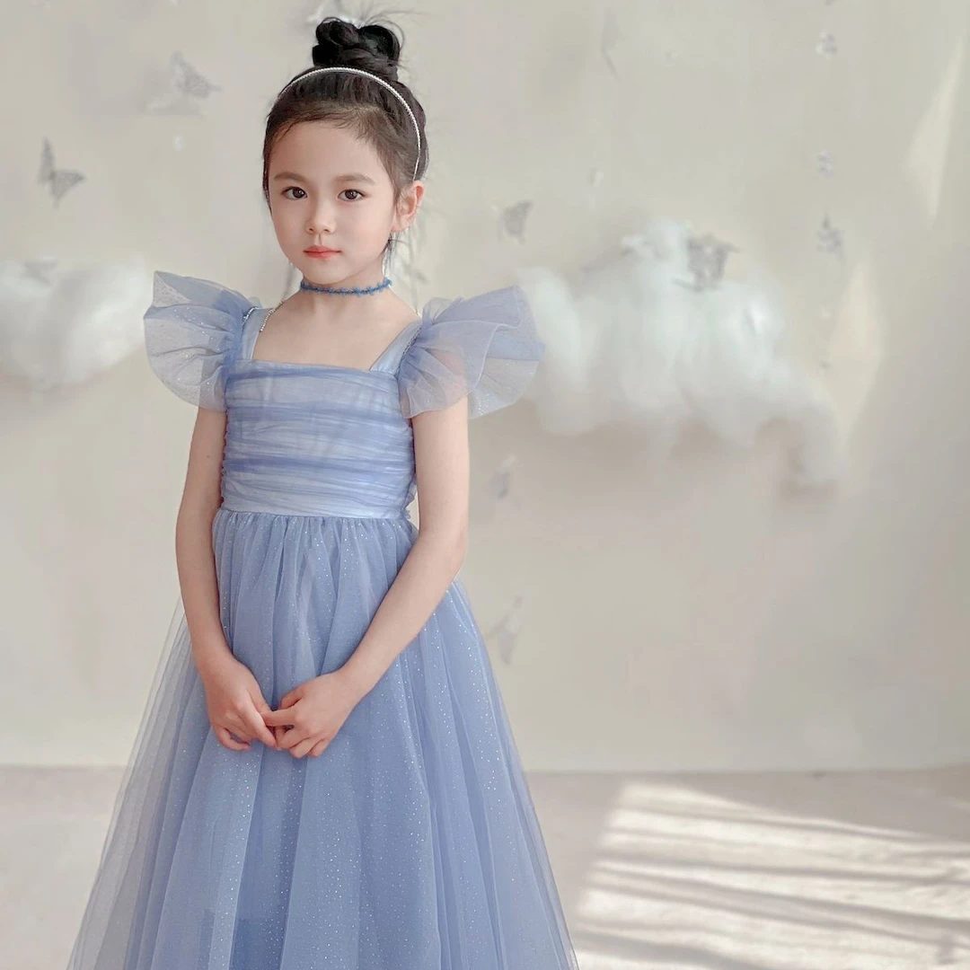又又妈妈同款雾霾蓝色飞袖连衣裙女孩公主裙