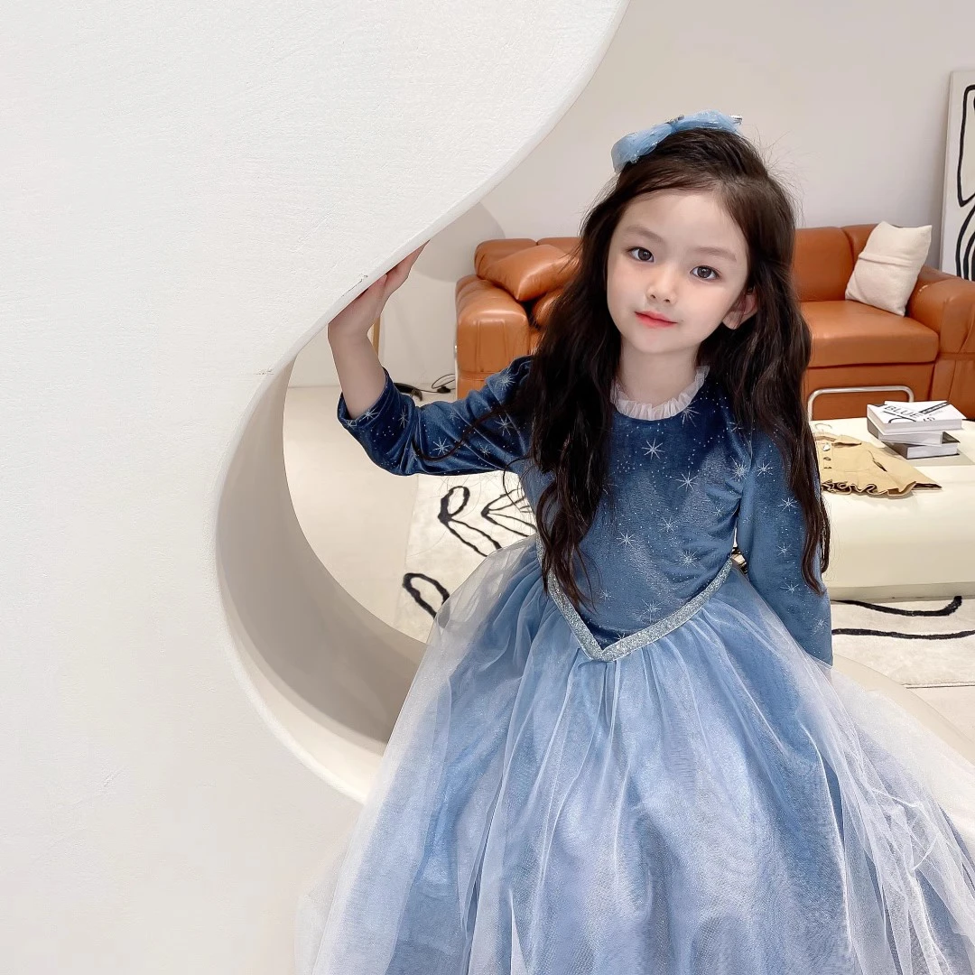 YA原创女童女孩艾莎公主裙加绒加厚连衣裙儿童生日礼服花童裙子