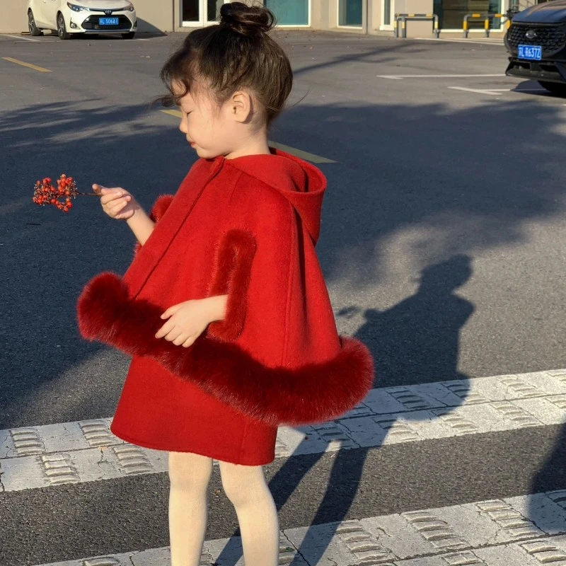 女童连帽斗篷背心裙连衣裙呢大衣两件套装秋冬新品圣诞春节拜年服