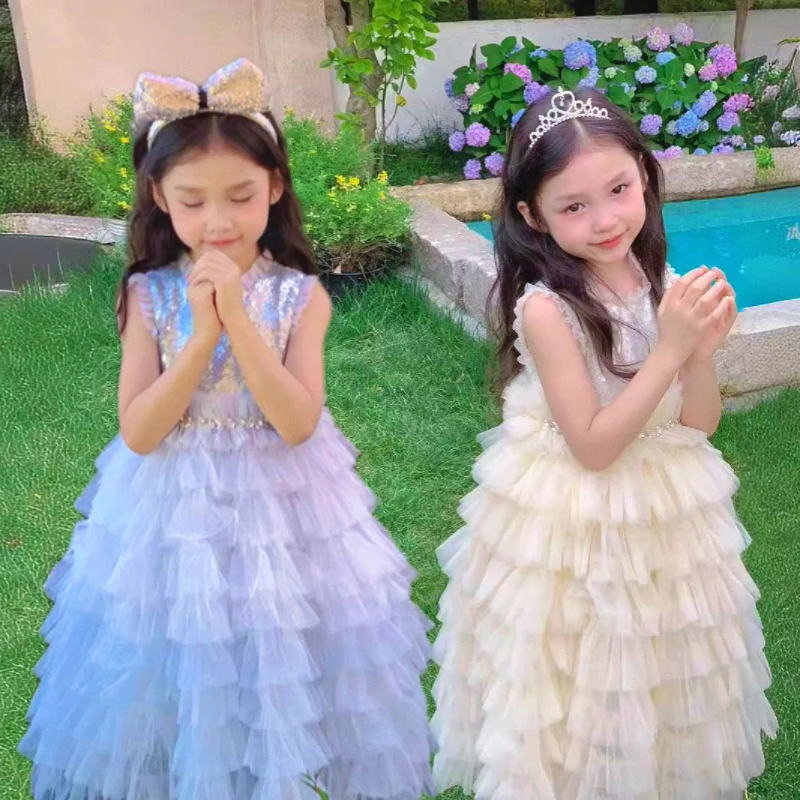 新款夏季儿童网纱蓬蓬裙女童花边无袖蛋糕裙亮片生日礼服连衣裙