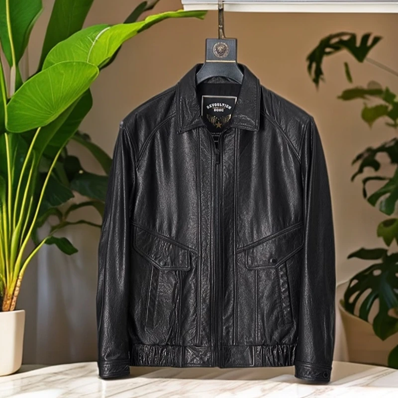 【头层小牛皮】秋冬翻领松紧下摆皮衣AZN5603