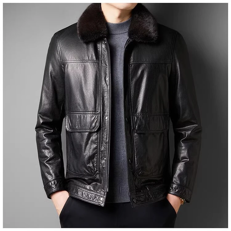 【头层小牛皮】秋冬可拆卸内胆加绒休闲男士短款机车皮衣AZN187