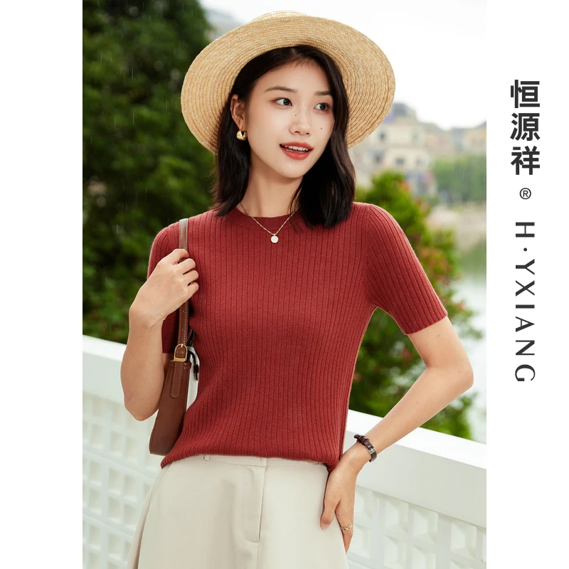 恒源祥短袖羊毛衫女士圆领纯色针织衫修身套头显瘦坑条上衣PN0846
