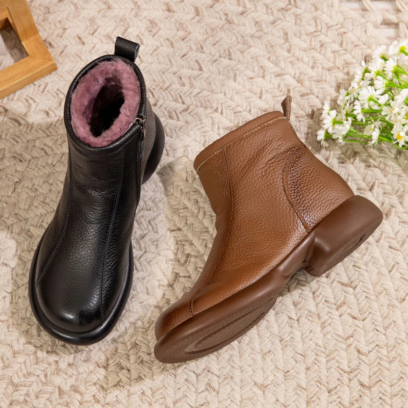 冬季牛皮妈妈棉鞋中老年真皮短靴子女皮毛一体防滑加厚羊毛保暖鞋