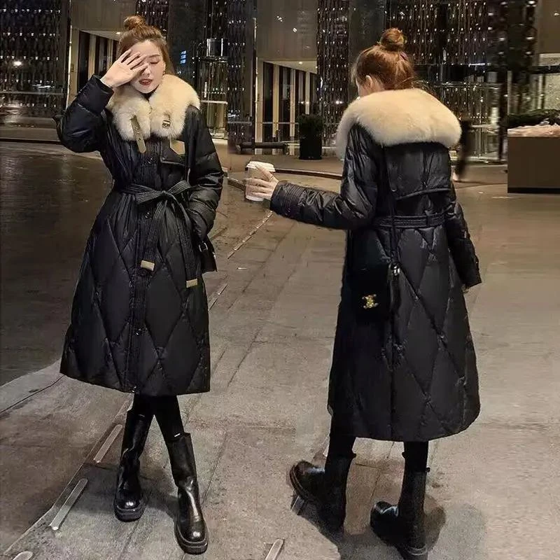 波司澄时尚大毛领羽绒服女冬2023年显瘦时尚洋气中长款过膝鸭绒外