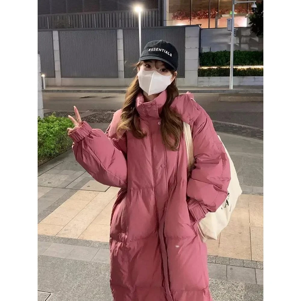 时尚树莓粉泡芙长款羽绒服女宽松显瘦过膝款面包服oversize显瘦羽