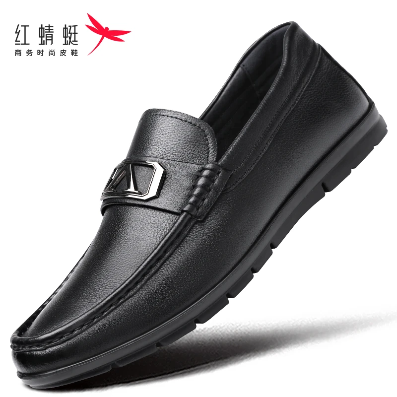 红蜻蜓皮鞋秋百搭休闲男皮鞋透气真皮一脚蹬豆豆皮鞋软面软底防滑