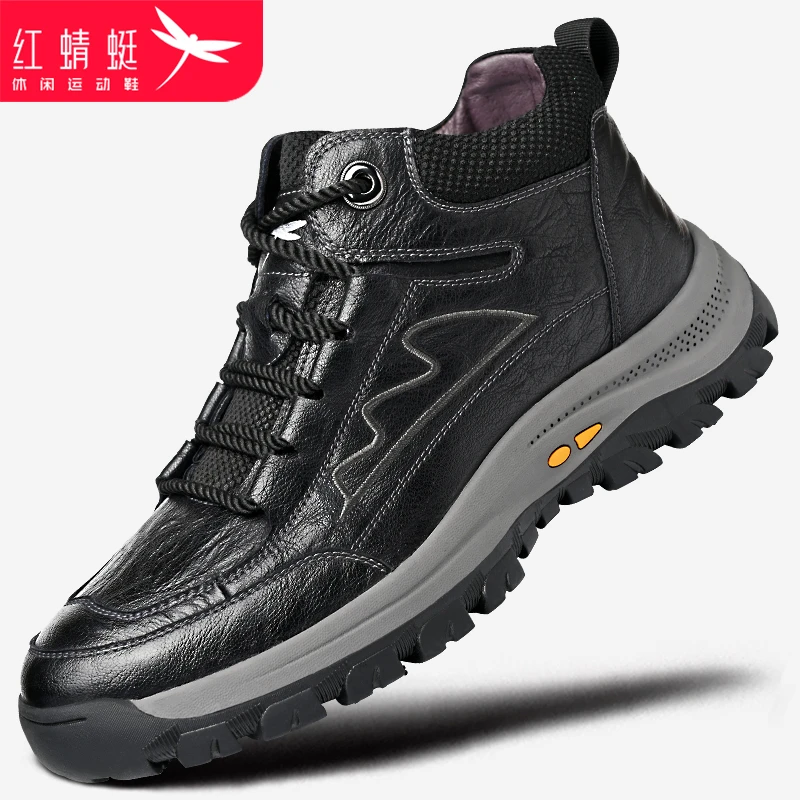 红蜻蜓男鞋春季高帮棉靴男防水透气休闲皮鞋老人防滑加厚靴子