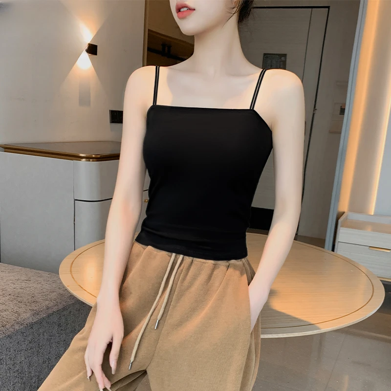一字肩双细吊带女内搭打底新款吊带美背修身夏外穿白色短款百搭
