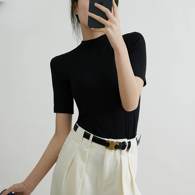 【专柜正品】半高领五分袖T恤百搭显瘦时尚纯色半袖打底衫女秋冬