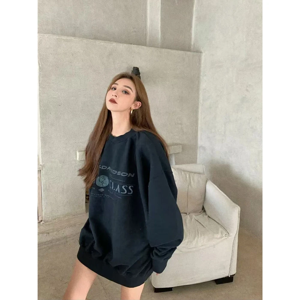 黑色卫衣圆领美式外套女秋冬季2025新款小众慵懒风中长款上衣外套