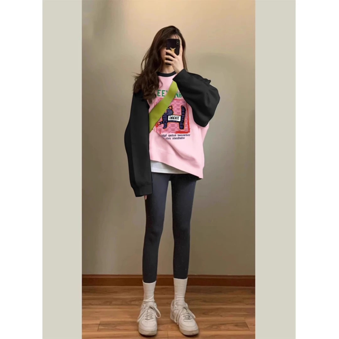 美式复古黑粉色插肩卫衣女春秋2025新款加绒加厚oversize长袖外套