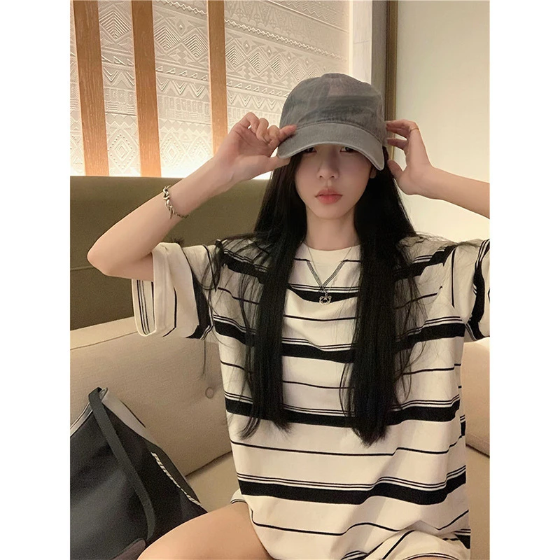 美式设计感撞色条纹短袖T恤女夏洋气减龄中长款宽松慵懒风上衣