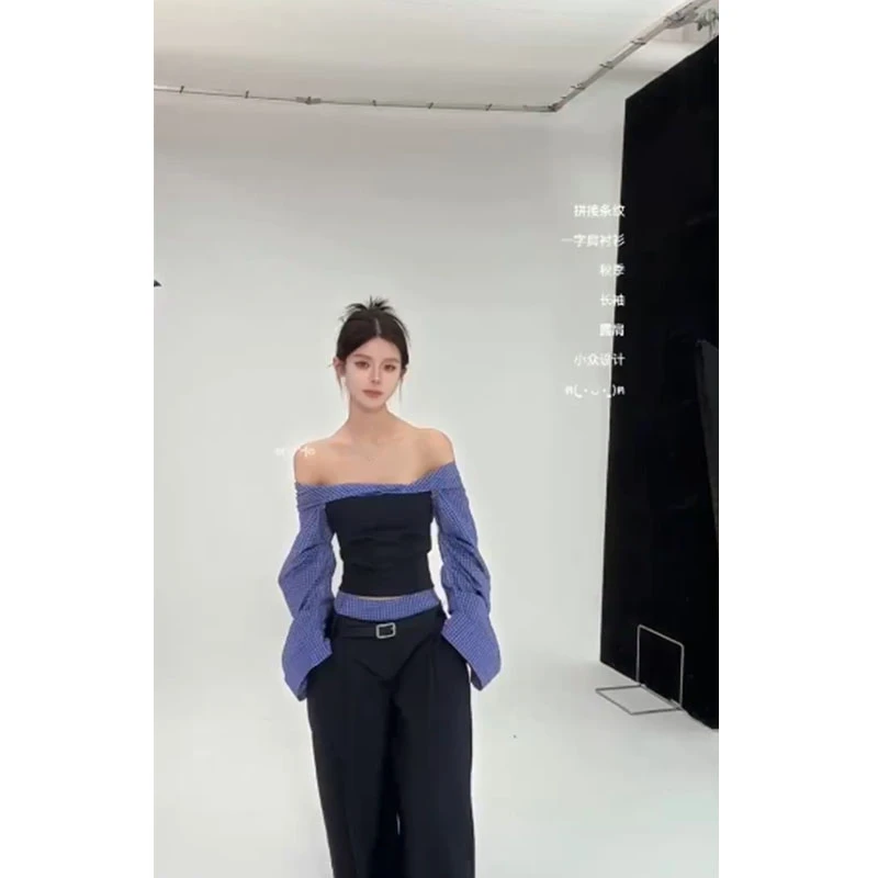 2025早秋新款轻熟风时尚高级感辣妹一字肩衬衫上衣高腰直筒阔腿裤