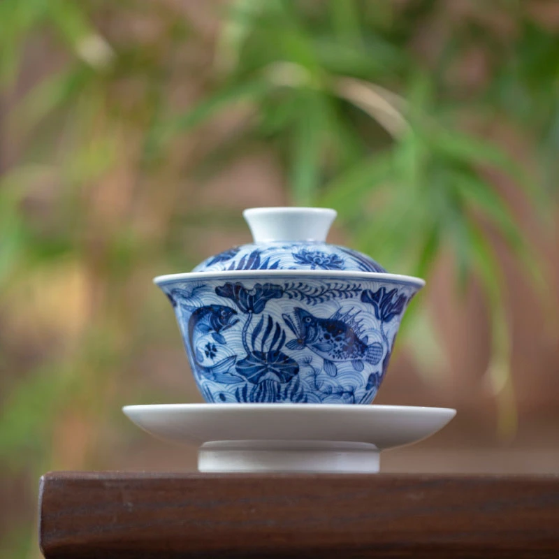 青海水鱼藻纹三才盖碗泡茶碗景德镇高端茶具陶瓷手工手绘150ml