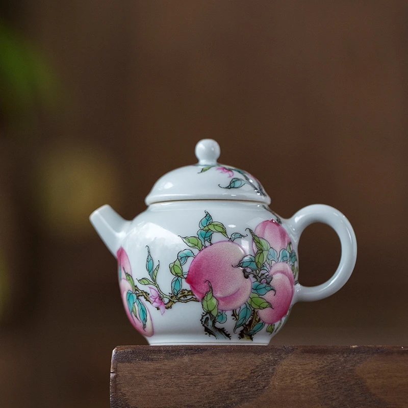 粉彩寿桃茶壶泡茶壶景德镇高端陶瓷茶具手工手绘100ml