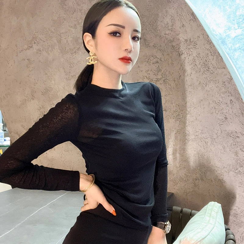 轻奢高端欧版中领纯色修身百搭长袖显瘦女装上衣高贵洋气8888-2