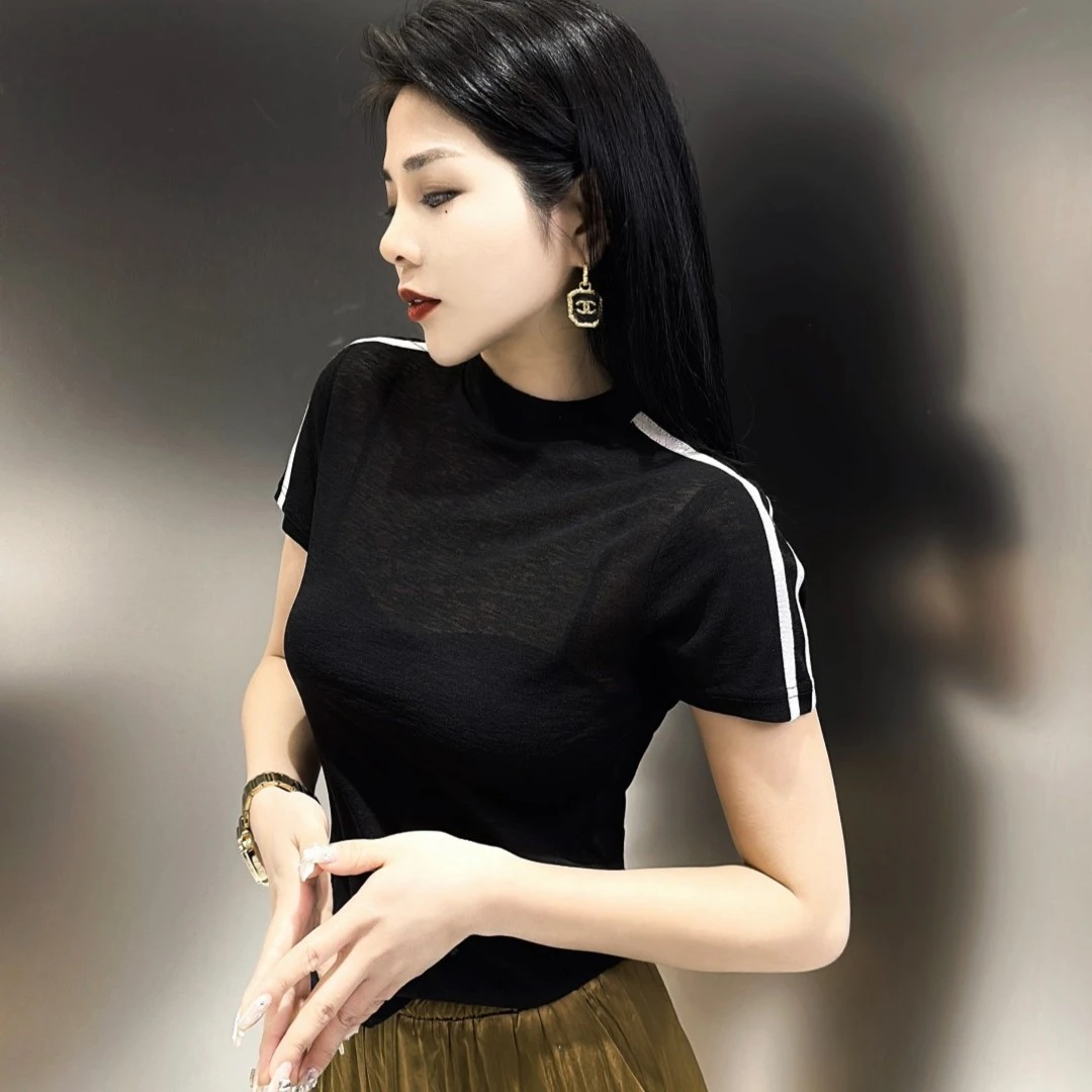 时尚流行轻奢简欧网纱条纹圆领修身女装直播高端上衣短袖T恤8817