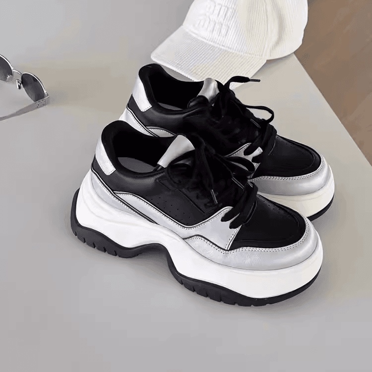 诗歌兰真皮厚底老爹鞋女2024年新款系带百搭松糕鞋增高运动休闲鞋