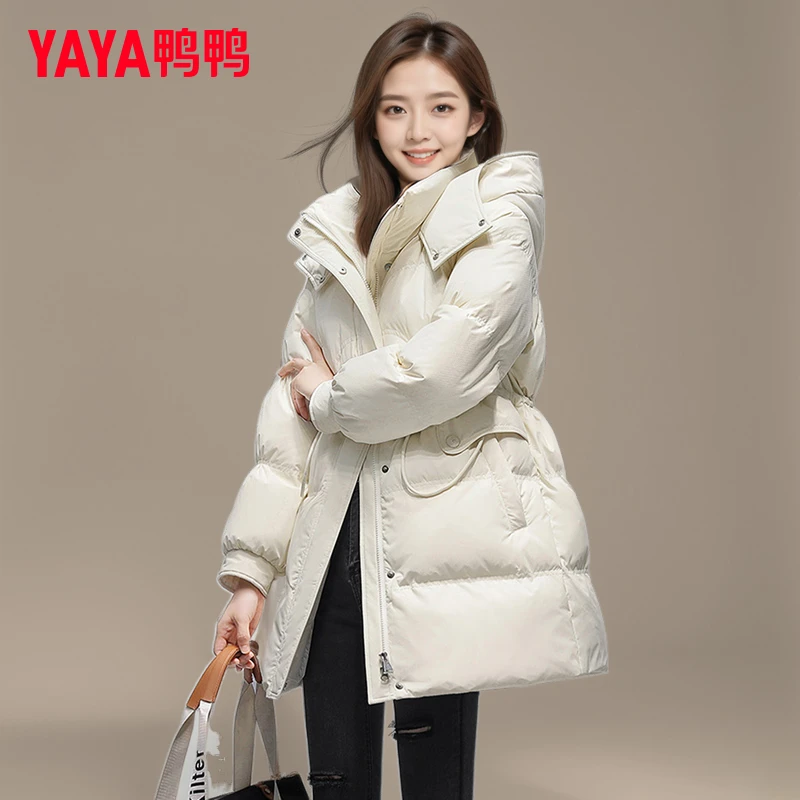 YAYA/鸭鸭中长款羽绒服女2025年冬季新款时尚连帽收腰加厚外套潮