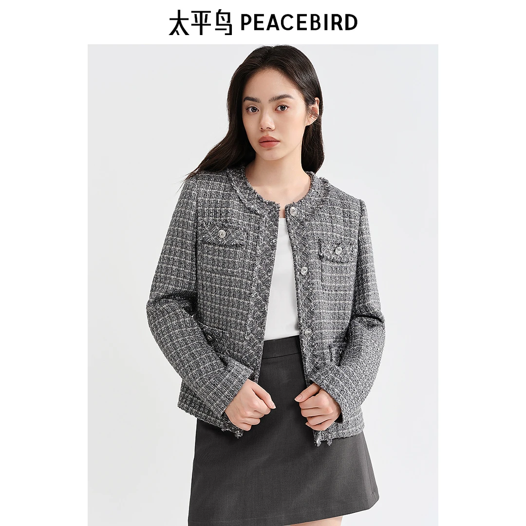 【赵老板专属】太平鸟灰色格子粗花呢小香风外套女秋新款A8BBE3471